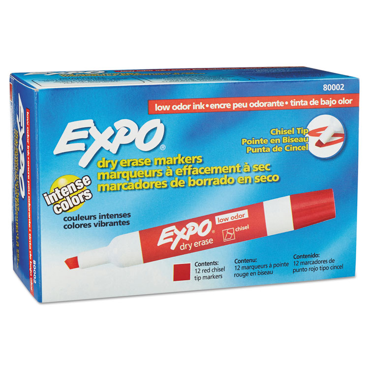Picture of Low Odor Dry Erase Marker, Chisel Tip, Red, Dozen