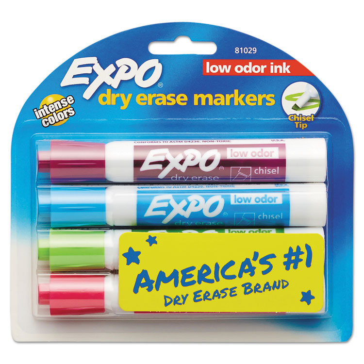 Picture of Low Odor Dry Erase Marker, Chisel Tip, Classic Colors Assorted, 4/Set