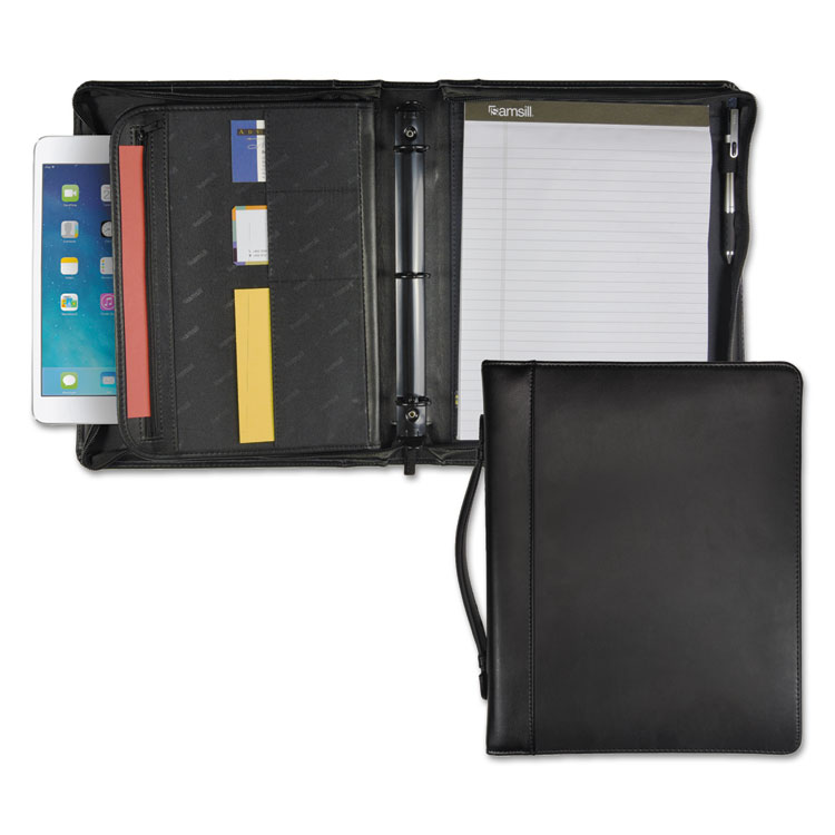 Picture of Leather Multi-Ring Zippered Portfolio, Two-Part, 1" Cap, 11 x 13-1/2, Black