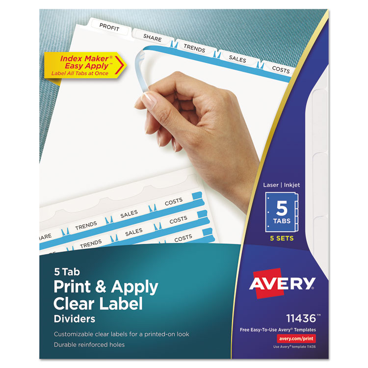 Picture of Print & Apply Clear Label Dividers w/White Tabs, 5-Tab, Letter, 5 Sets
