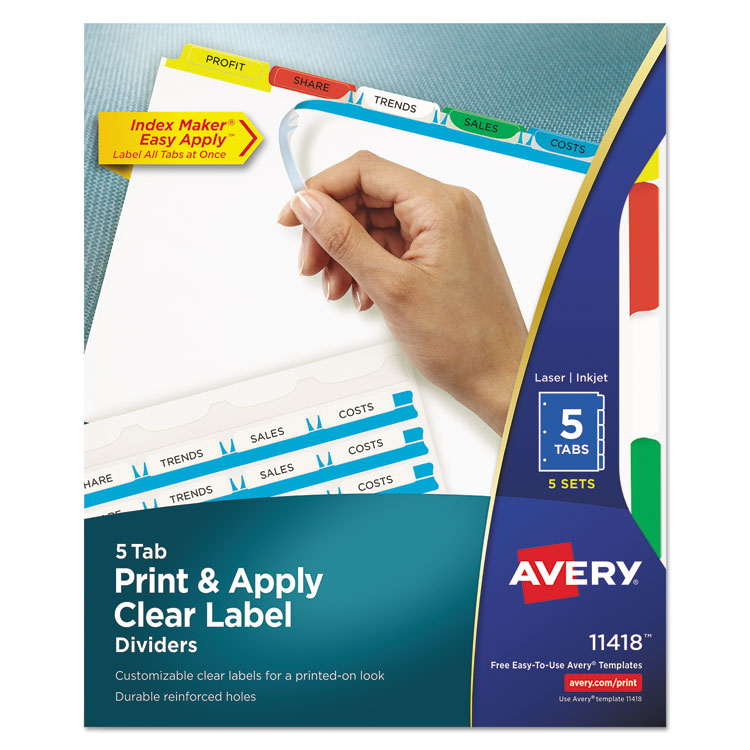 Picture of Print & Apply Clear Label Dividers w/Color Tabs, 5-Tab, Letter, 5 Sets