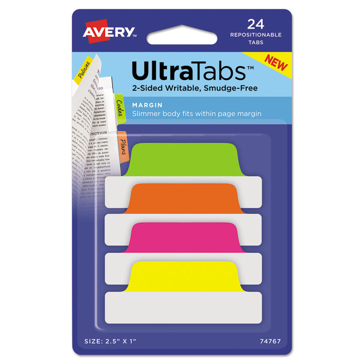 Picture of Ultra Tabs Repositionable Tabs, 2.5 X 1, Neon:green, Orange, Pink, Yellow, 24/pk