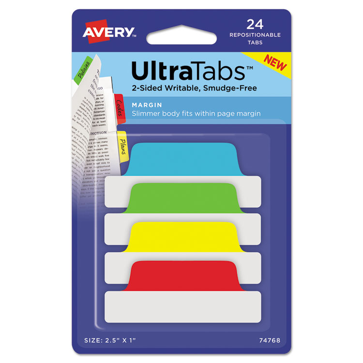 Picture of Ultra Tabs Repositionable Tabs, 2.5 X 1, Primary:green, Red, Yellow, Blue, 24/pk