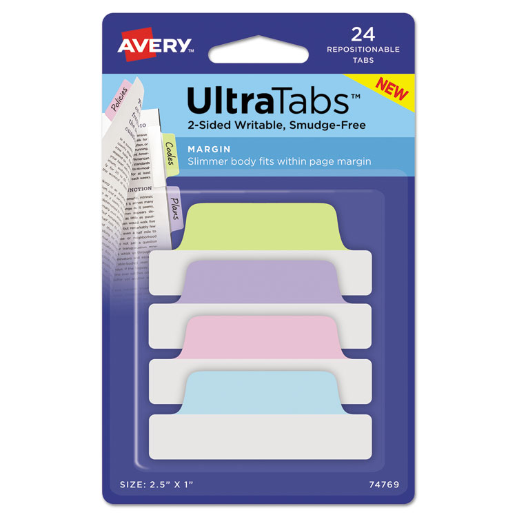 Picture of Ultra Tabs Repositionable Tabs, 2.5 X 1, Pastel:blue, Pink, Purple, Green, 24/pk