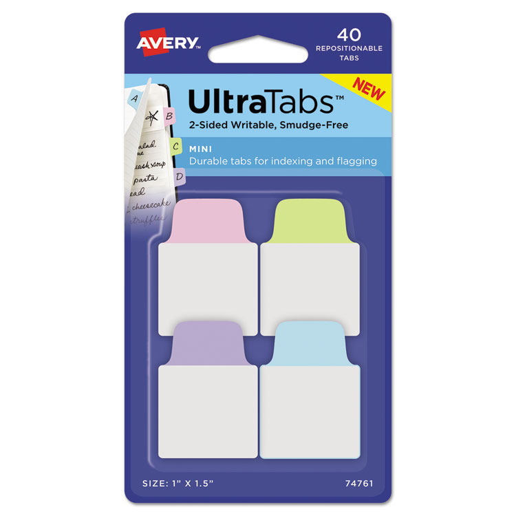 Picture of Ultra Tabs Repositionable Tabs, 1 X 1.5, Pastel:blue, Green, Pink, Purple, 40/pk
