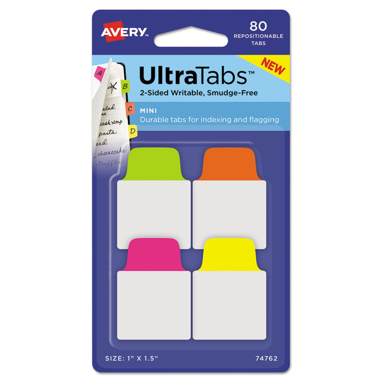 Picture of Ultra Tabs Repositionable Tabs, 1 X 1.5, Neon:green, Orange, Pink, Yellow, 80/pk