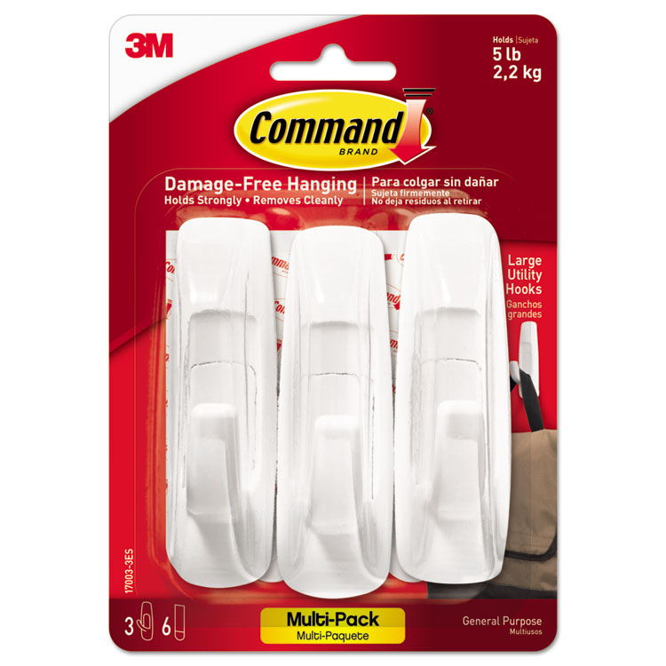 MMM170033ES, Command™ 170033ES General Purpose Hooks Multi-Pack, Large, 5  lb Cap, White, 3 Hooks and 6 Strips/Pack