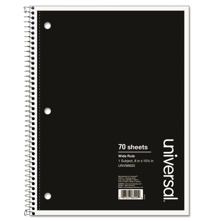 Picture of 1 Sub. Wirebound Notebook, 10 1/2 x 8, Wide Rule, 70 Sheets, Black Cover