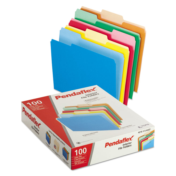 Picture of Interior File Folders, 1/3 Cut Top Tab, Letter, Bright Assortment, 100/Box