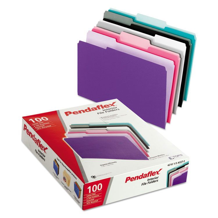 Picture of Interior File Folders, 1/3 Cut Top Tab, Letter, Pastel Assortment, 100/Box