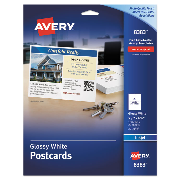 Picture of Photo-Quality Glossy Postcards for Inkjet Printers, 4 1/4 x 5 1/2, White, 100/Pk