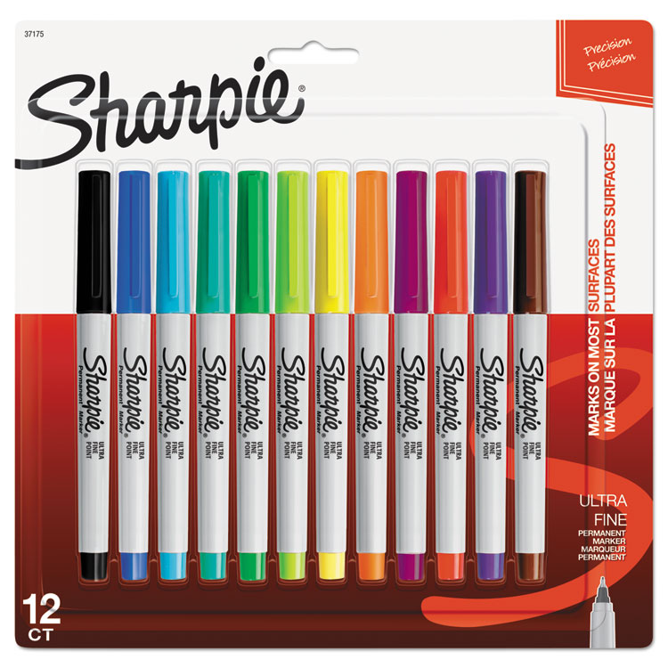Picture of Permanent Markers, Ultra Fine Point,, Assorted Colors, 12/pack