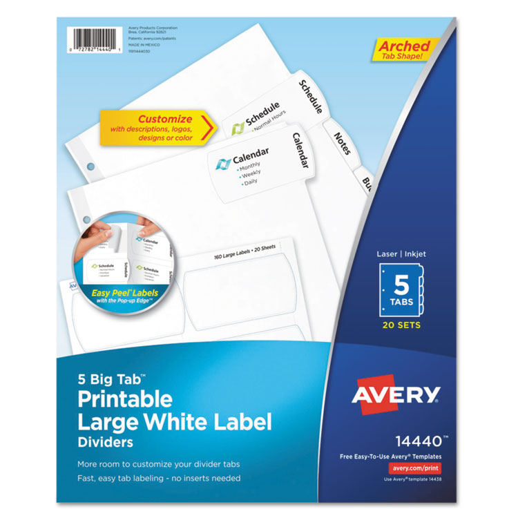 Picture of BIG TAB PRINTABLE LARGE WHITE LABEL TAB DIVIDERS, 5-TAB, LETTER, 20 PER PACK
