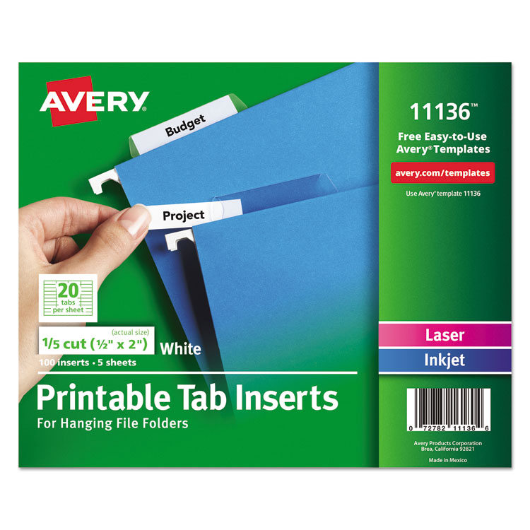 AVE11136 Avery® 11136 Tabs Inserts For Hanging File Folders, 1/5Cut