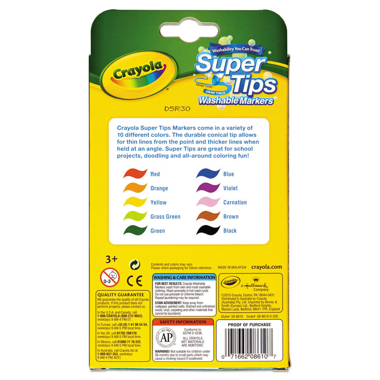 CYO588610, Crayola® 58-8610 Washable Super Tips Markers, Fine/Broad Bullet  Tips, Assorted Colors, 10/Set