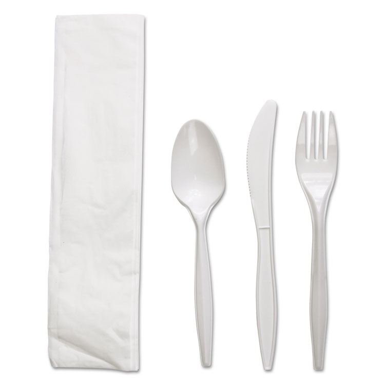 Four-Piece Cutlery Kit, Fork/Knife/Napkin/Teaspoon, White, Polypropylene, 250/CT