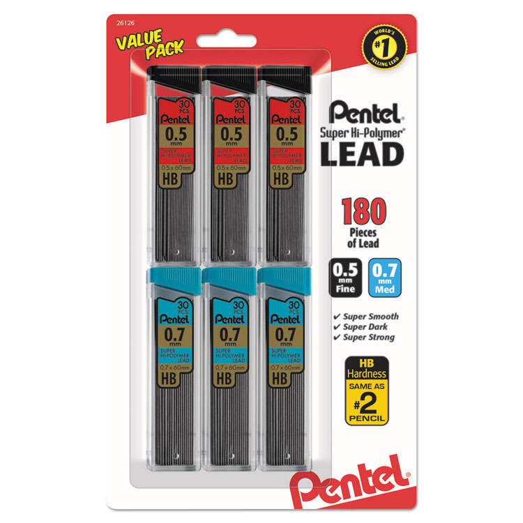 Picture of Super Hi-Polymer Lead Refills, 0.5mm, 0.7mm, Hb, Black, 30/tube, 6 Tubes/pack