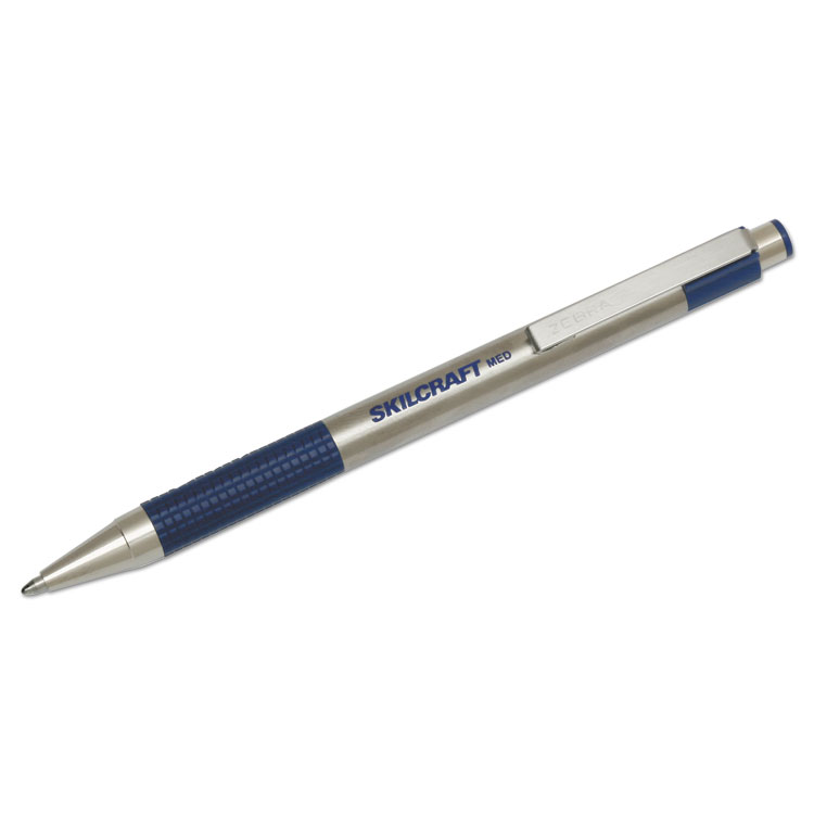 7520016661052, SKILCRAFT Zebra Ballpoint Pen, Retractable, Medium 1 mm, Blue Ink, Stainless Steel Barrel, 2/Pack