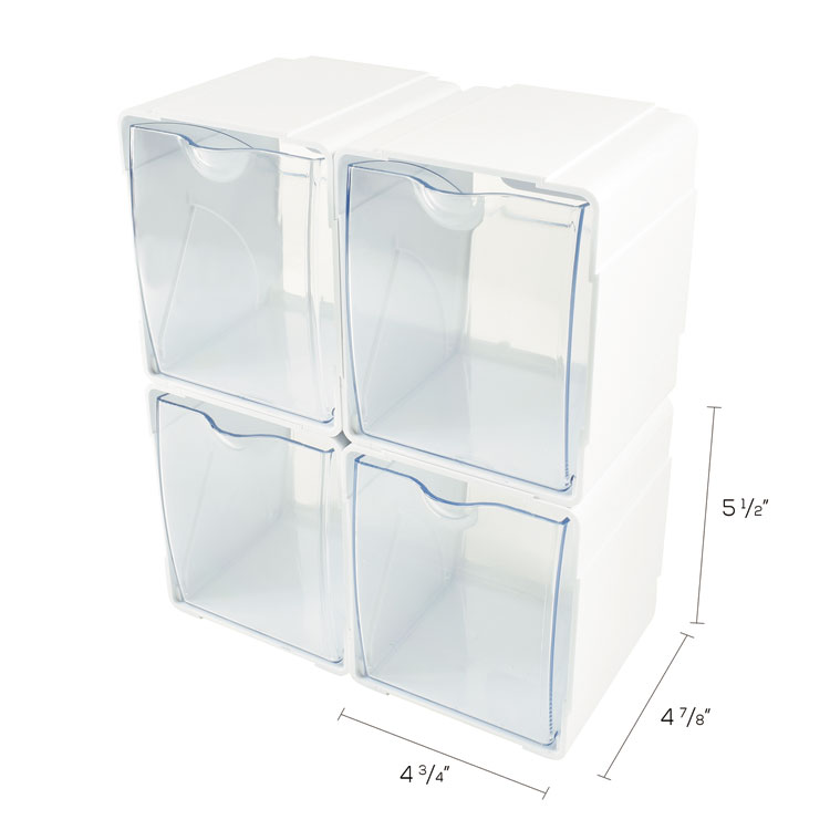 DEF421103, deflecto® 421103 Tilt Bin Interlocking 4-Bin Organizer,  Plastic, 4.63 x 4.88 x 5.5, White/Clear