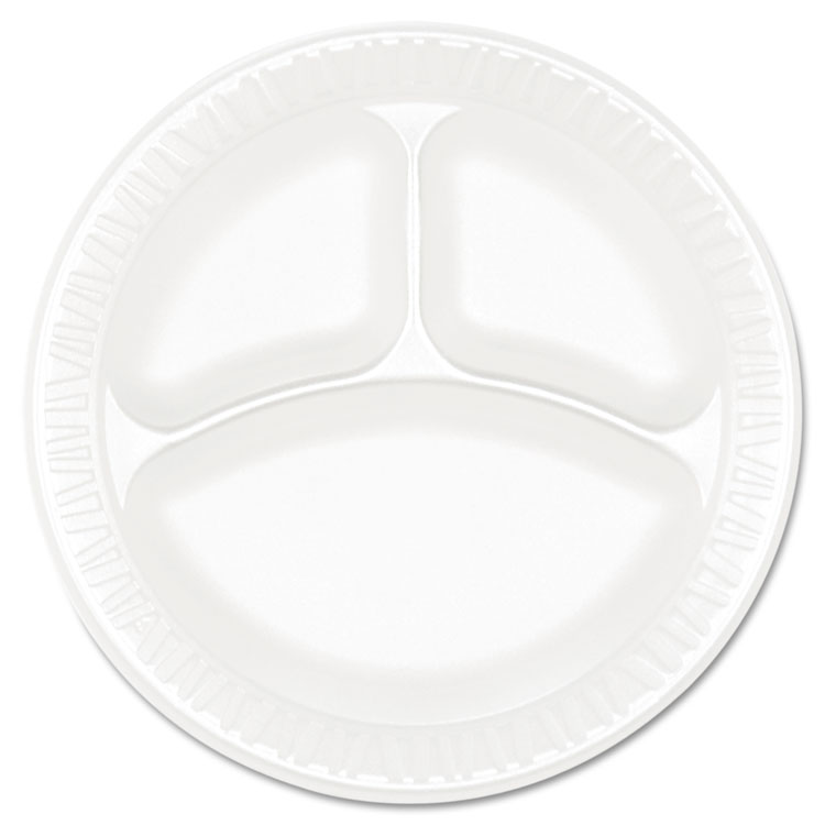 Picture of Concorde Foam Plate, 3-Comp, 9" Dia, White, 125/pack, 4 Packs/carton