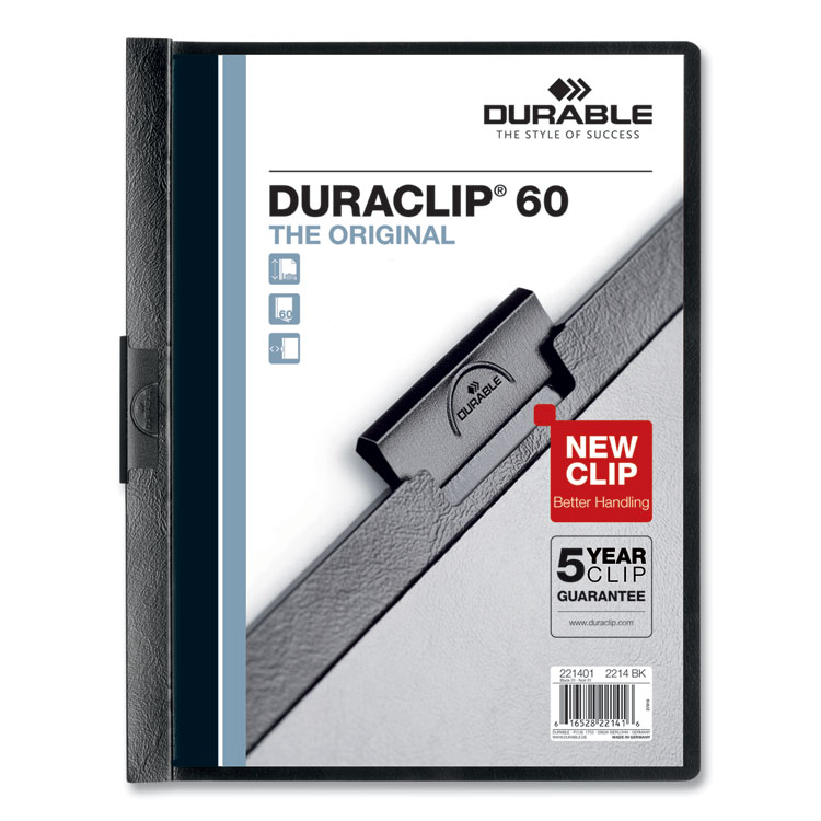 DuraClip Report Cover, Clip Fastener, 8.5 x 11, Holds 60 Sheets, Clear/Black, 25/Box