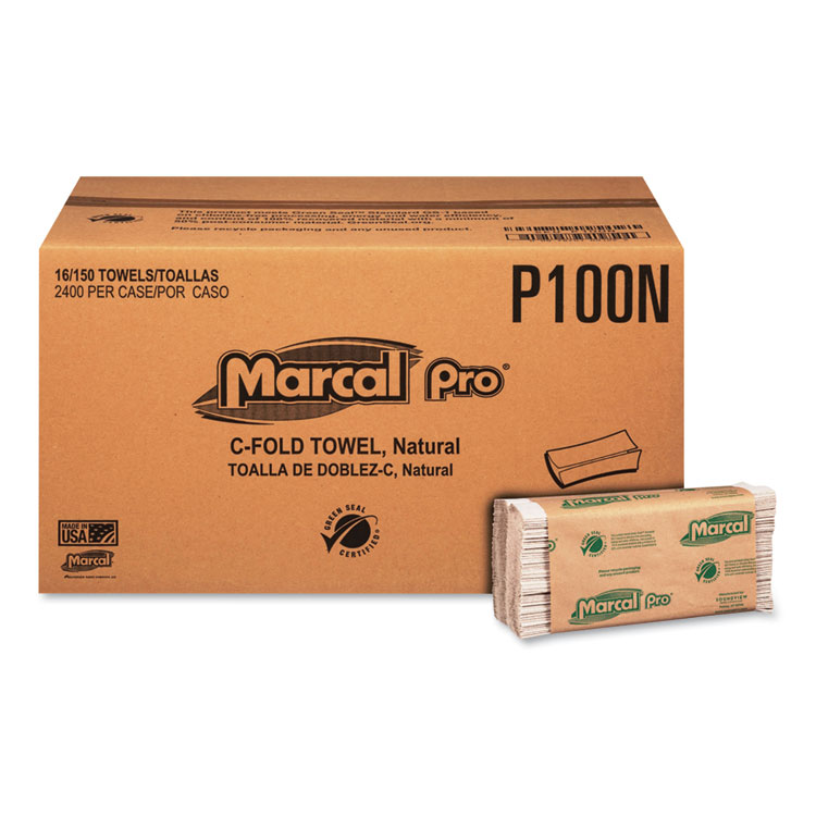 MRCP100N, Marcal PRO™ P100N Folded Paper Towels, 1-Ply, 12.88 x 10.13,  Natural, 150/Pack, 16 Packs/Carton