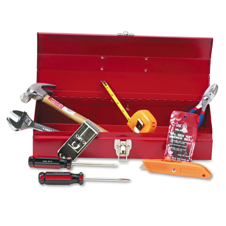Picture of 16-Piece Light-Duty Office Tool Kit, Metal Box, Red
