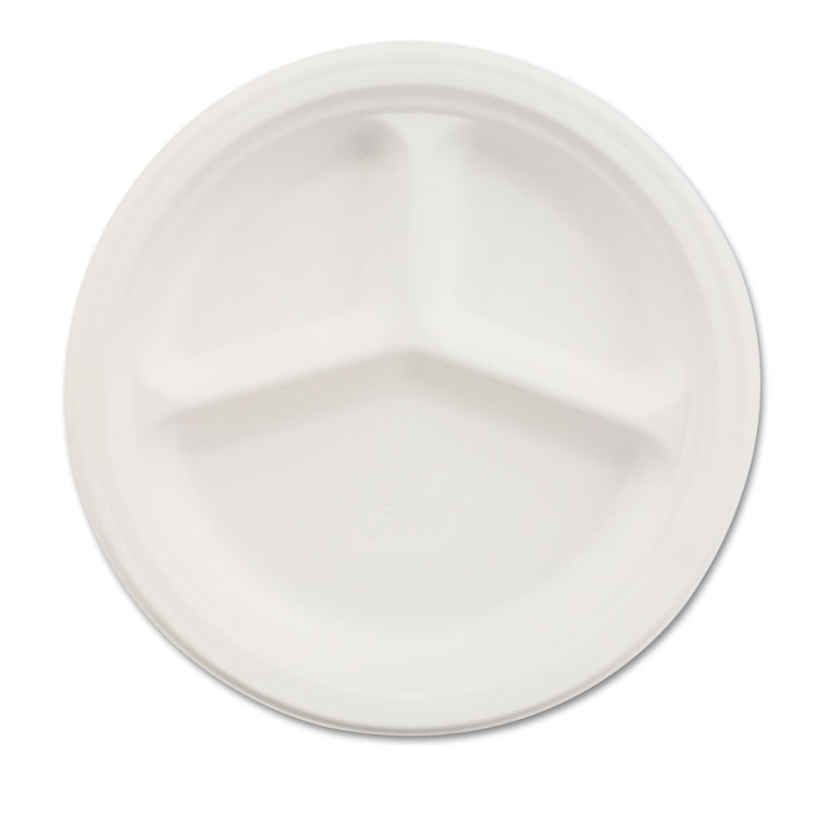 Picture of Paper Dinnerware, 3-Comp Plate, 9 1/4" Dia, White, 500/carton
