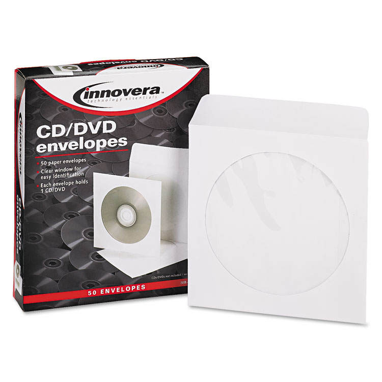 Picture of CD/DVD Envelopes, Clear Window, White, 50/Box