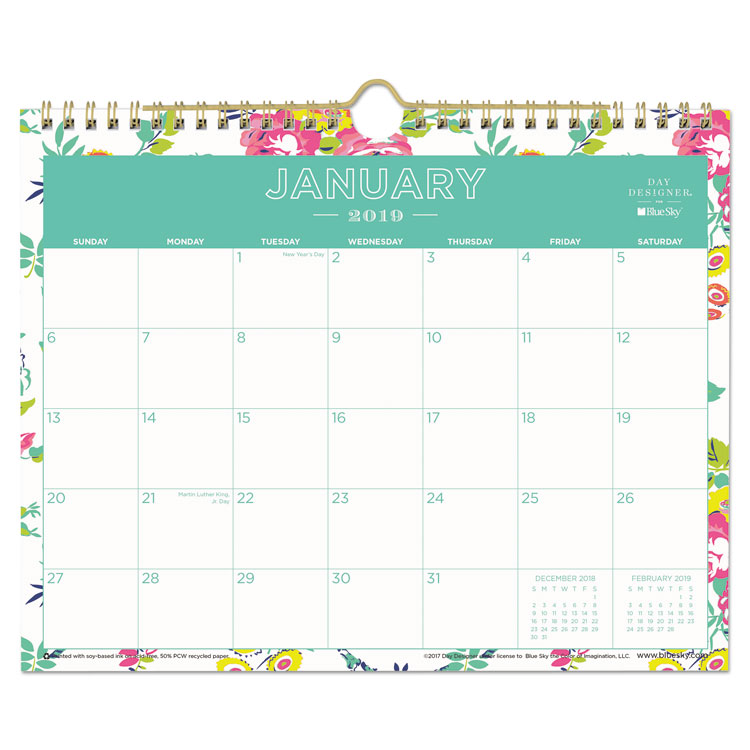Picture of DAY DESIGNER WIREBOUND WALL CALENDAR, 11 X 8 3/4, WHITE FLORAL, Current Year