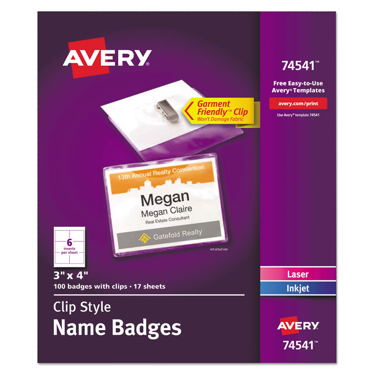 AVE74541, Avery® 74541 Clip-Style Name Badge Holder with Laser/Inkjet  Insert, Top Load, 4 x 3, White, 100/Box