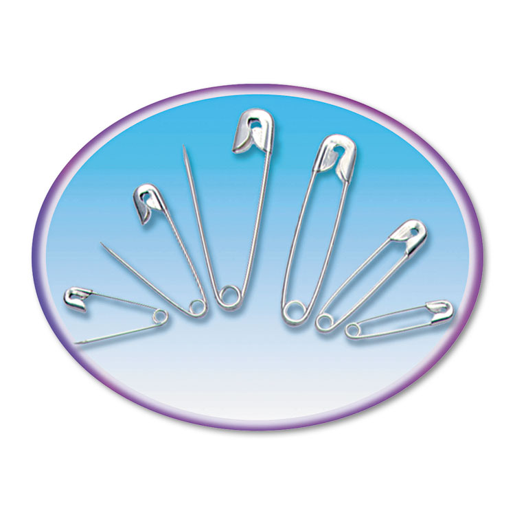 Picture of Safety Pins, Nickel-Plated, Steel, Assorted Sizes, 50/Pack