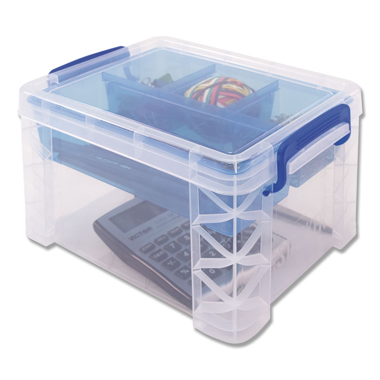 AVT37375, Advantus 37375 Super Stacker Divided Storage Box, 5 Sections,  7.5 x 10.13 x 6.5, Clear/Blue
