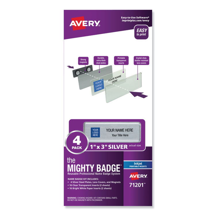 AVE71201, Avery® 71201 The Mighty Badge Name Badge Holder Kit, Horizontal,  3 x 1, Inkjet, Silver, 4 Holders/32 Inserts