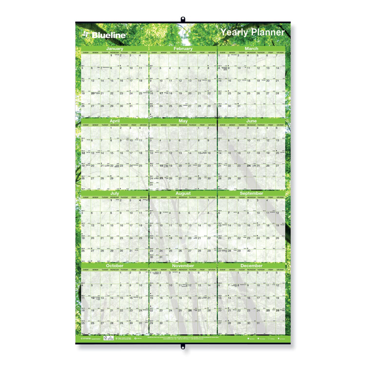 Yearly Laminated Wall Calendar, 36 x 24, Green, 2020