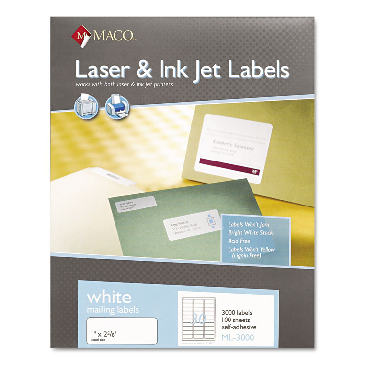 Picture of White Laser/Inkjet Shipping & Address Labels, 1 x 2 5/8, 3000/Box