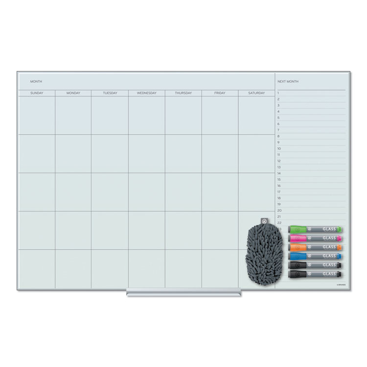 Floating Glass Dry Erase Calendar, Monthly Planning/Scheduling, 36" x 24" (Actual Size: 35" x 23"), White Surface