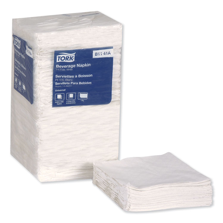 Universal Beverage Napkin, 1-Ply,9.125x9.125, 1/4 Fold,Poly-Pack,White, 4000/CT