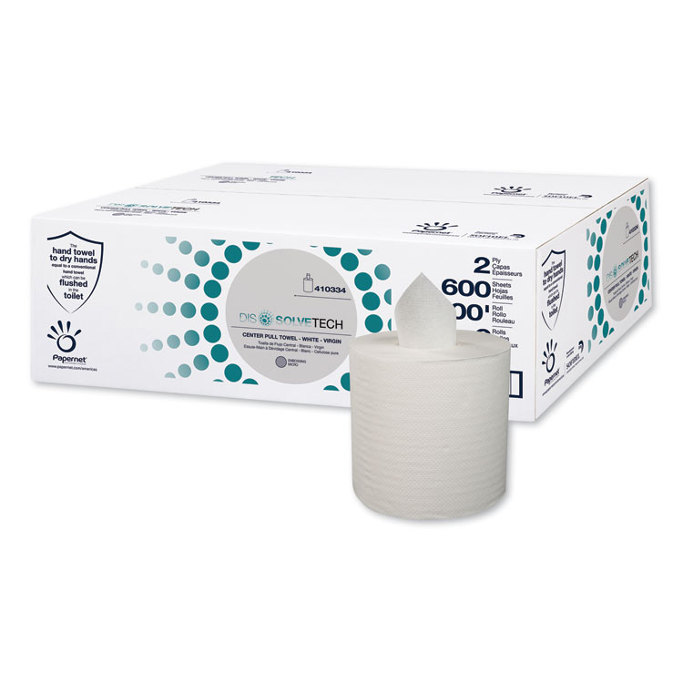 DissolveTech Center-Pull Paper Towel, 1-Ply, 7.6 x 10, White, 600 Sheets/Roll, 6 Rolls/Carton
