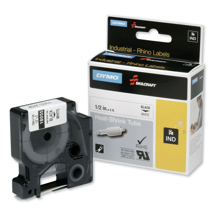 7510016576749, SKILCRAFT Dymo Heat Shrink Label Cassette, 0.5" x 5 ft, Black/White