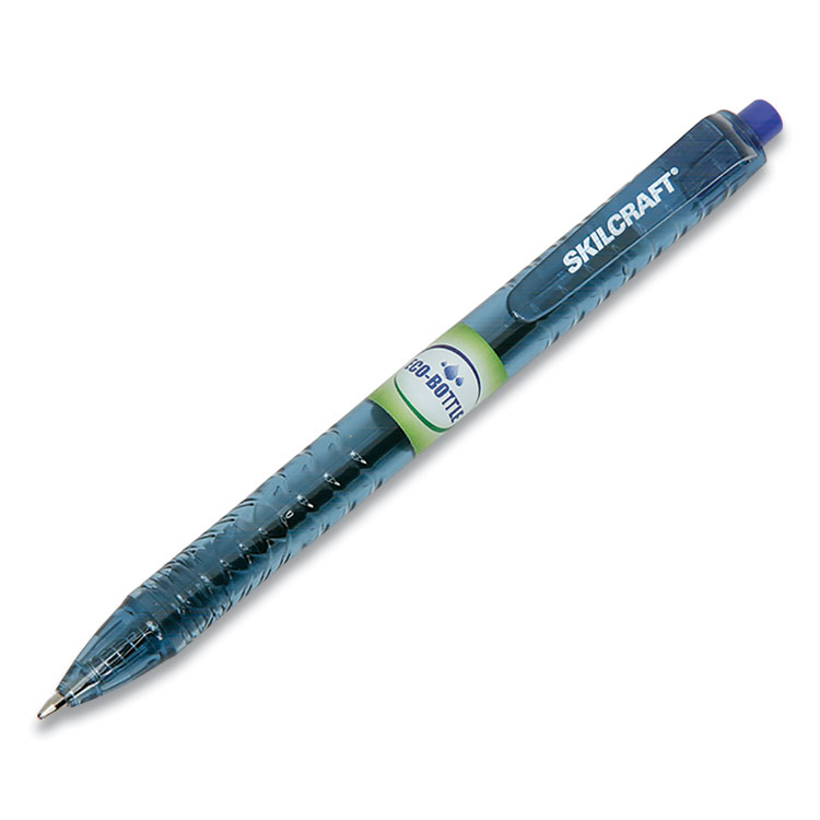7520016827168, SKILCRAFT Recycled Water Bottle Ballpoint Pen, Retractable, Fine 0.5 mm, Blue Ink, Clear Barrel, Dozen