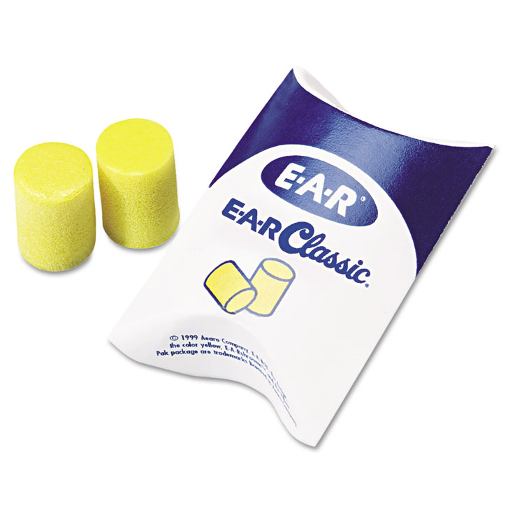 Picture of E·A·R Classic Earplugs, Pillow Paks, Uncorded, PVC Foam, Yellow, 200 Pairs