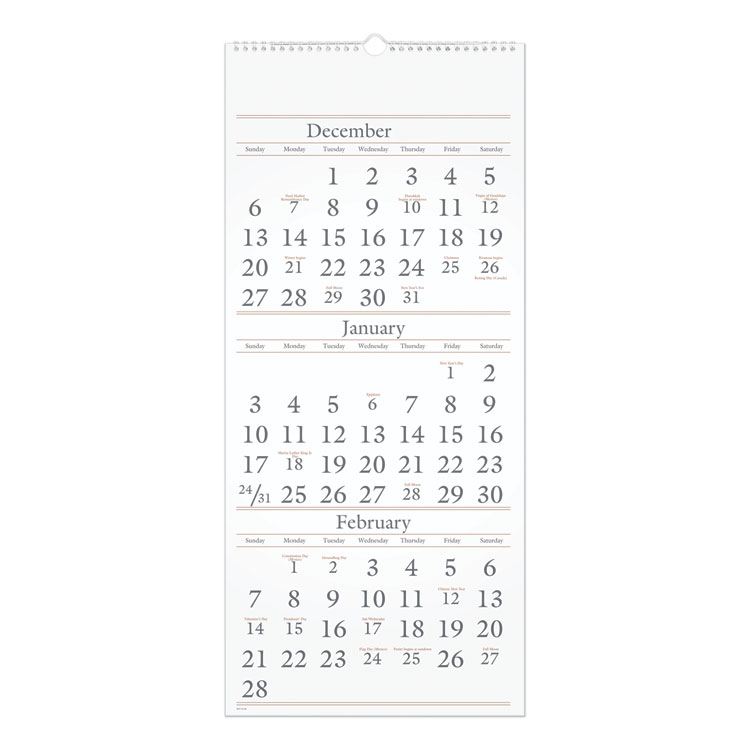 Three-Month Reference Wall Calendar, 12 x 27, White Sheets, 14-Month: Dec 2025 to Feb 2027