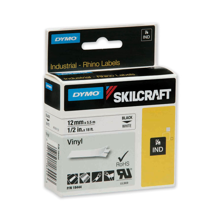7530016871404, SKILCRAFT Dymo Industrial Rhino Thermal Vinyl Label Tape Cassettes, 0.5" x 18 ft, Black on White