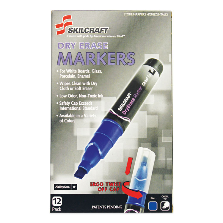 7520015105658, SKILCRAFT Dry Erase Marker, Broad Chisel Tip, Blue, Dozen