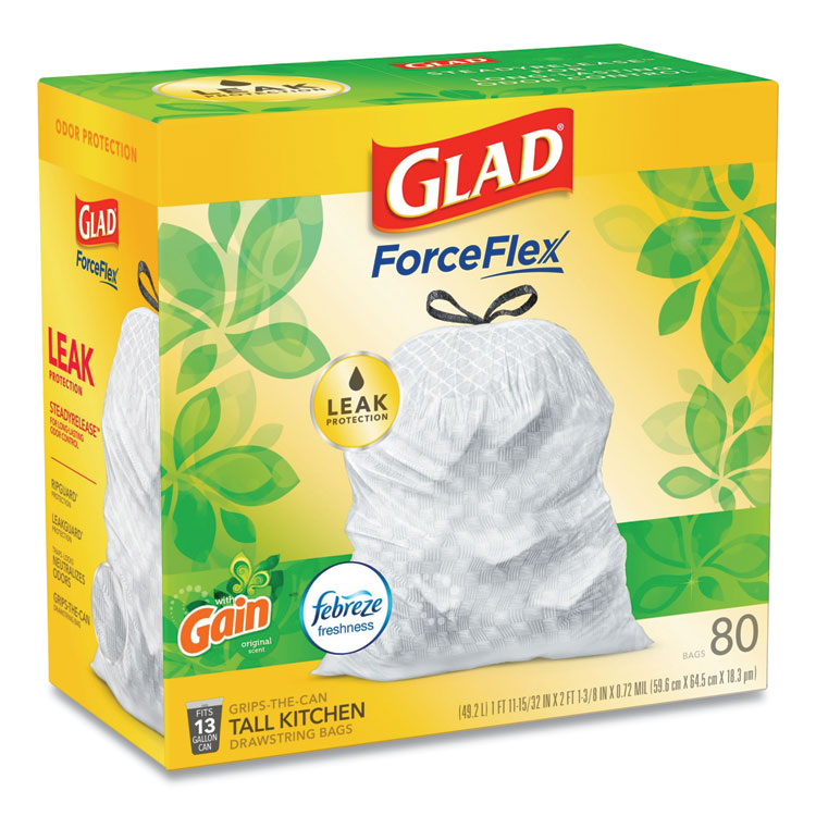 Clorox Glad ForceFlexPlus OdorShield Tall Kitchen Drawstring Trash Bags, 13  gal, 0.9 mil, 24 x 28, White, 204/Carton, CLO70320