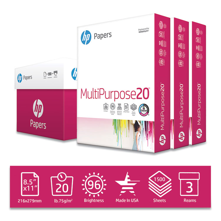 HP Printer Paper, 8.5 x 11 Paper, MultiPurpose 20 lb, 3 Ream Case - 1500  Sheets, 96 Bright, Made in USA - FSC Certified Copy Paper