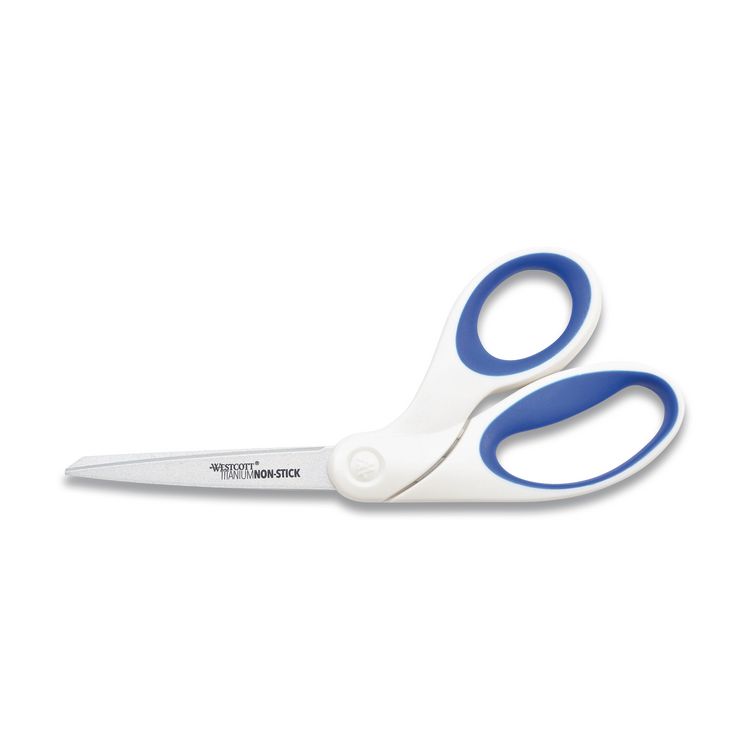 Non-Stick Titanium Bonded Scissors, 8" Long, 3.25" Cut Length, Crane-Style White/Blue Handle