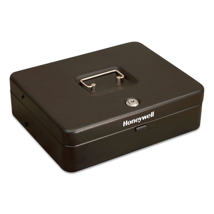 Tiered CantiDoor Lever Cash Box, 9 Compartments, Key Lock, 11.9" x 9.7" x 3.5", Black