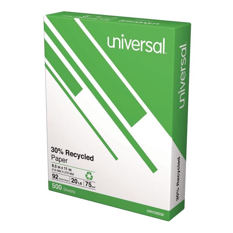 UNV200305, Universal® 200305 30% Recycled Copy Paper, 92 Bright, 20 lb  Bond Weight, 8.5 x 11, White, 500 Sheets/Ream, 5 Reams/Carton